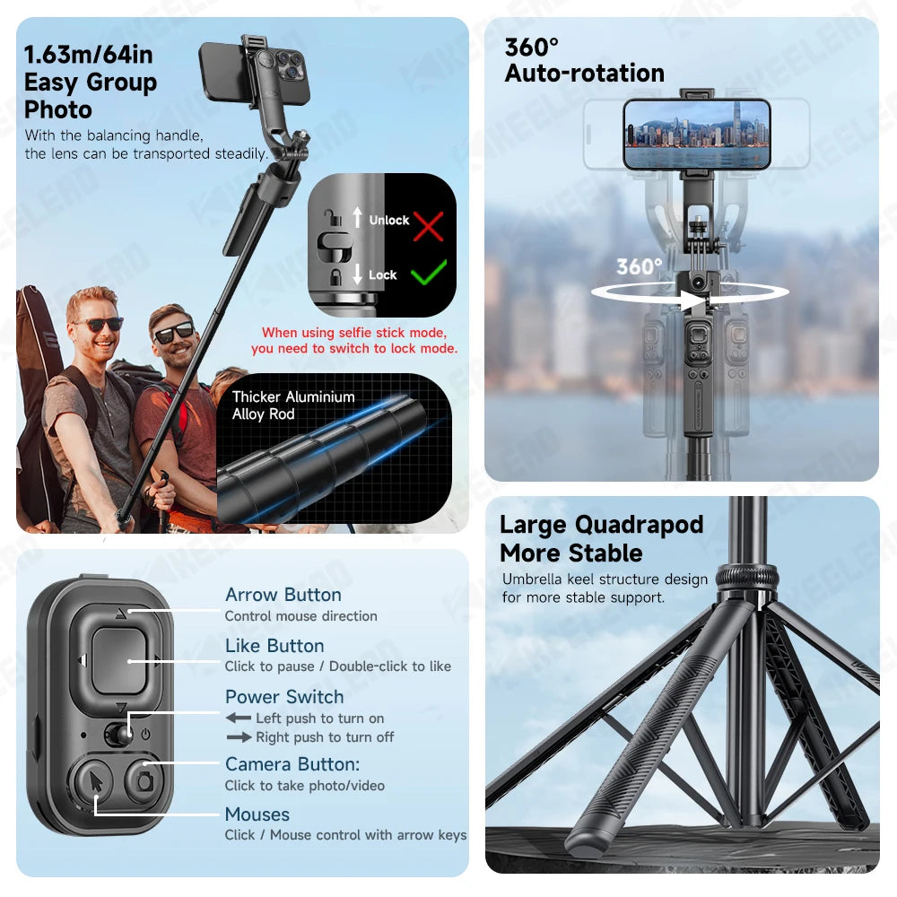 C17 Selfie Stick Tripod Phones Stand for Cell phone AI Tracking 360°Auto-Rotation Shoot with Remote Control, Optional Fill Light