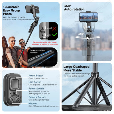 C17 Selfie Stick Tripod Phones Stand for Cell phone AI Tracking 360°Auto-Rotation Shoot with Remote Control, Optional Fill Light