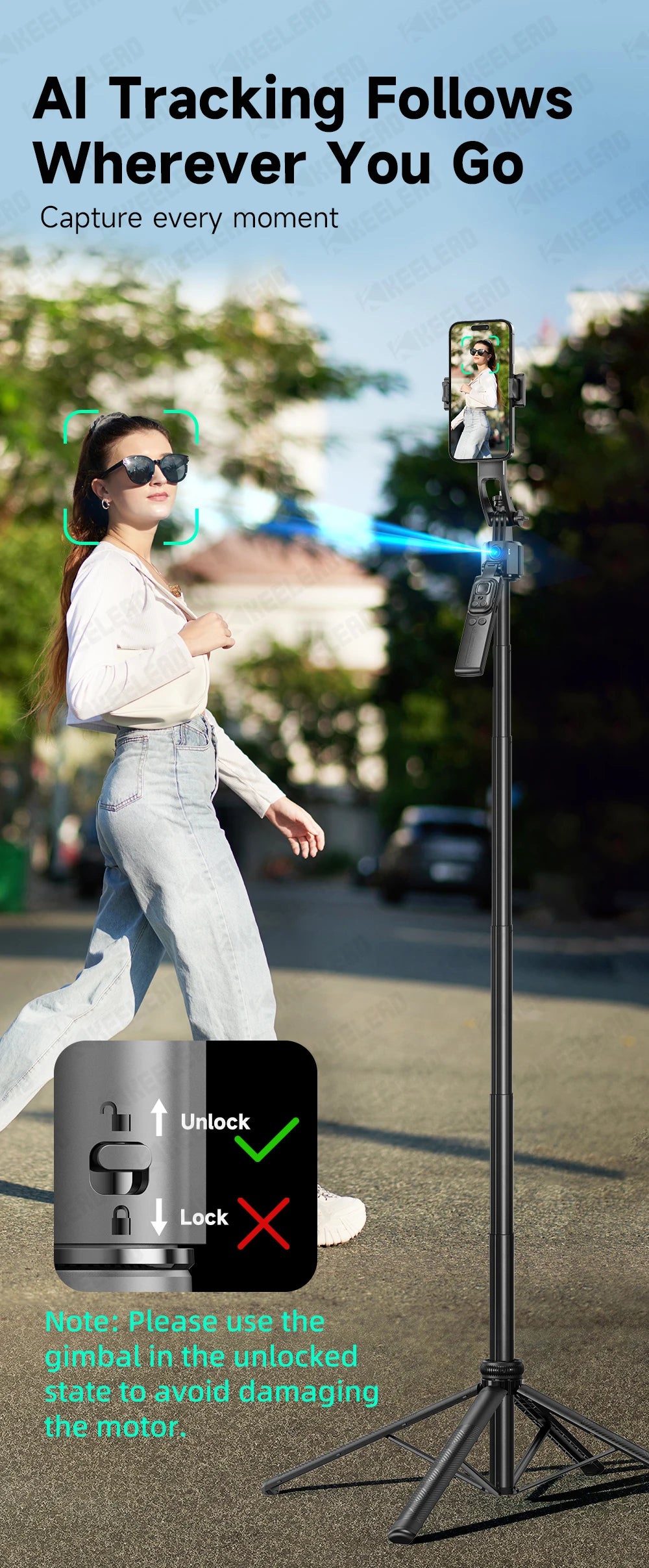 C17 Selfie Stick Tripod Phones Stand for Cell phone AI Tracking 360°Auto-Rotation Shoot with Remote Control, Optional Fill Light