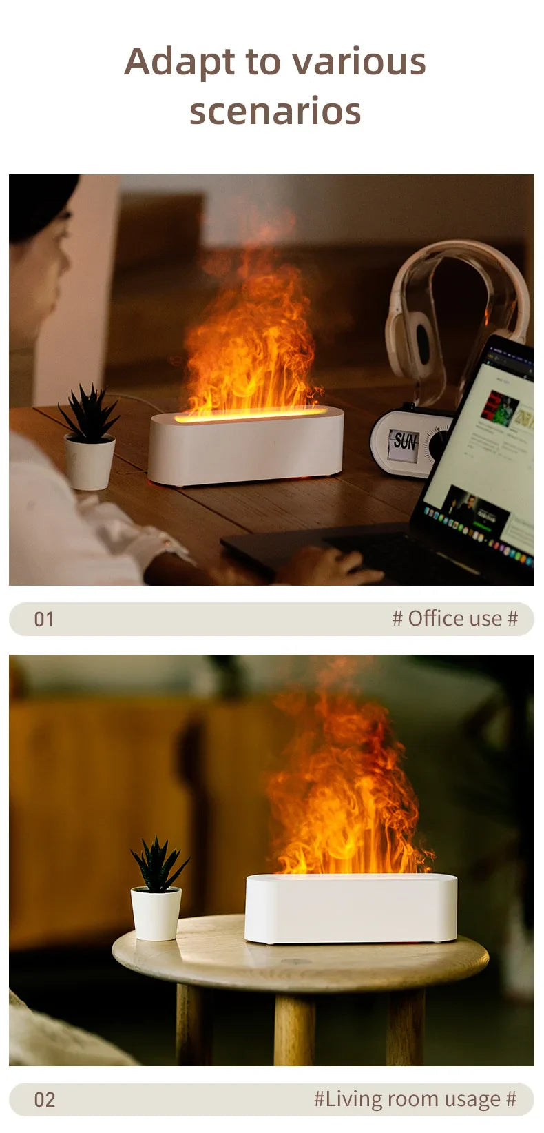 Essential Oil Aroma Diffuser Flame Air Humidifier Ultrasonic Cool Mist Difusor with RGB Realistic Fire Night Light