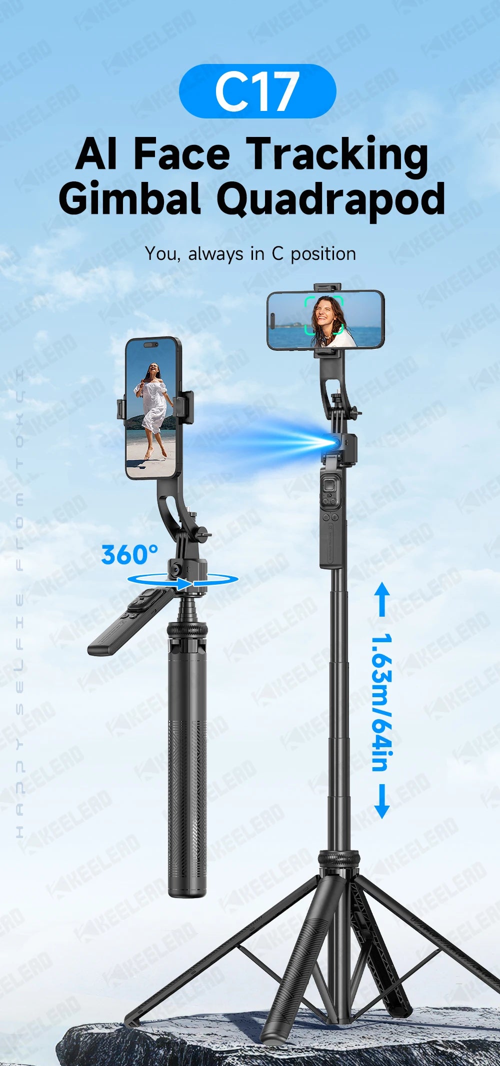 C17 Selfie Stick Tripod Phones Stand for Cell phone AI Tracking 360°Auto-Rotation Shoot with Remote Control, Optional Fill Light