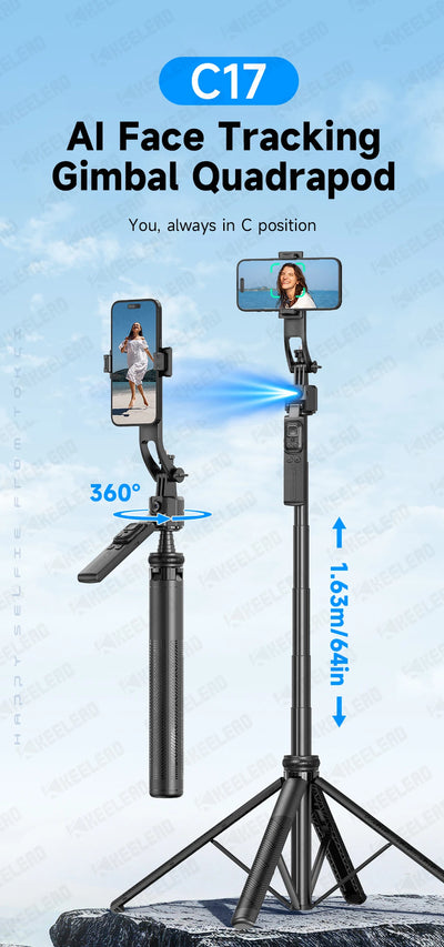 C17 Selfie Stick Tripod Phones Stand for Cell phone AI Tracking 360°Auto-Rotation Shoot with Remote Control, Optional Fill Light