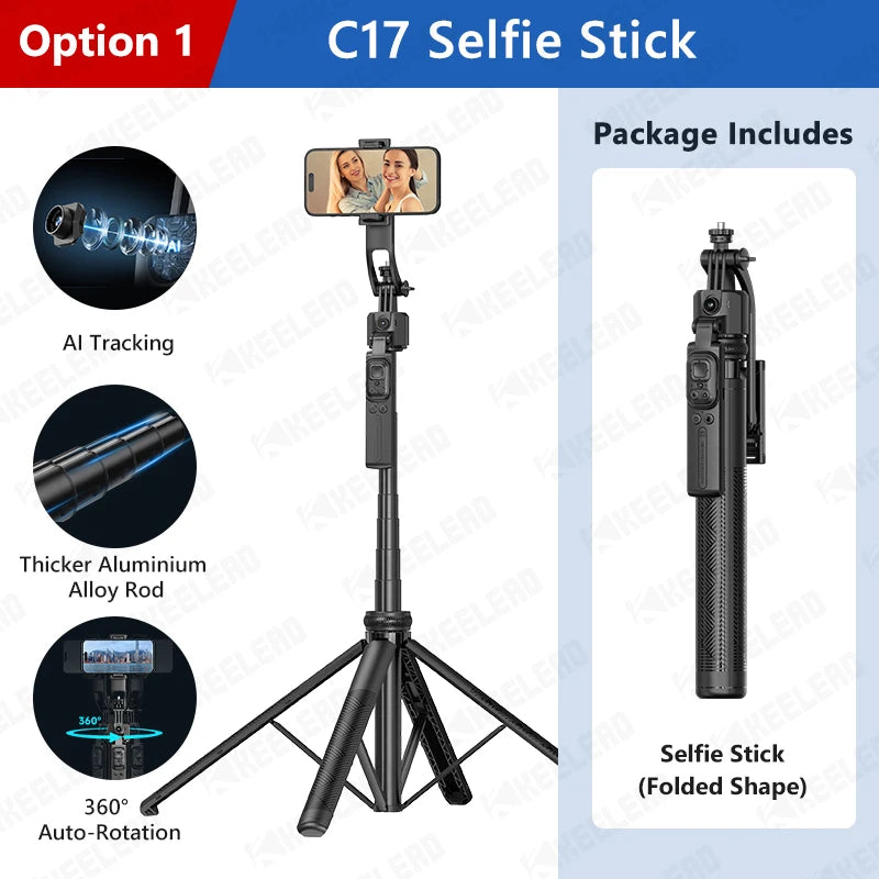 C17 Selfie Stick Tripod Phones Stand for Cell phone AI Tracking 360°Auto-Rotation Shoot with Remote Control, Optional Fill Light