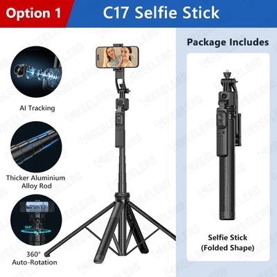 C17 Selfie Stick Tripod Phones Stand for Cell phone AI Tracking 360°Auto-Rotation Shoot with Remote Control, Optional Fill Light