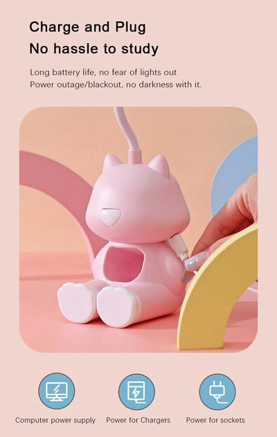 Creative Cute Cat Flexible Led Study Desk Lamp with Phone Holder Bedside Color Adjust Table Lamp for Kids Student Room