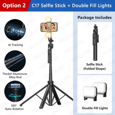 C17 Selfie Stick Tripod Phones Stand for Cell phone AI Tracking 360°Auto-Rotation Shoot with Remote Control, Optional Fill Light