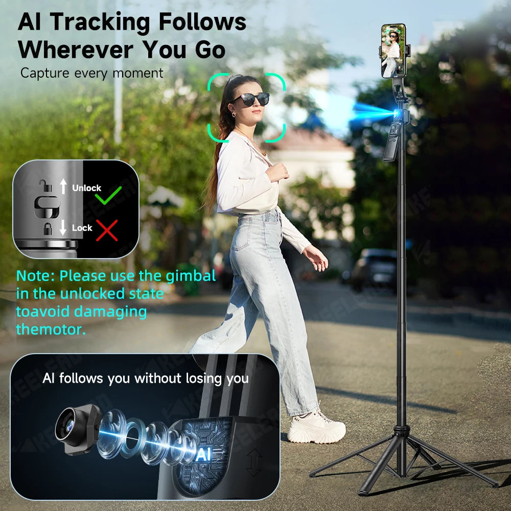 C17 Selfie Stick Tripod Phones Stand for Cell phone AI Tracking 360°Auto-Rotation Shoot with Remote Control, Optional Fill Light