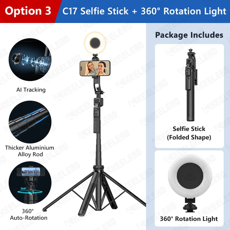 C17 Selfie Stick Tripod Phones Stand for Cell phone AI Tracking 360°Auto-Rotation Shoot with Remote Control, Optional Fill Light